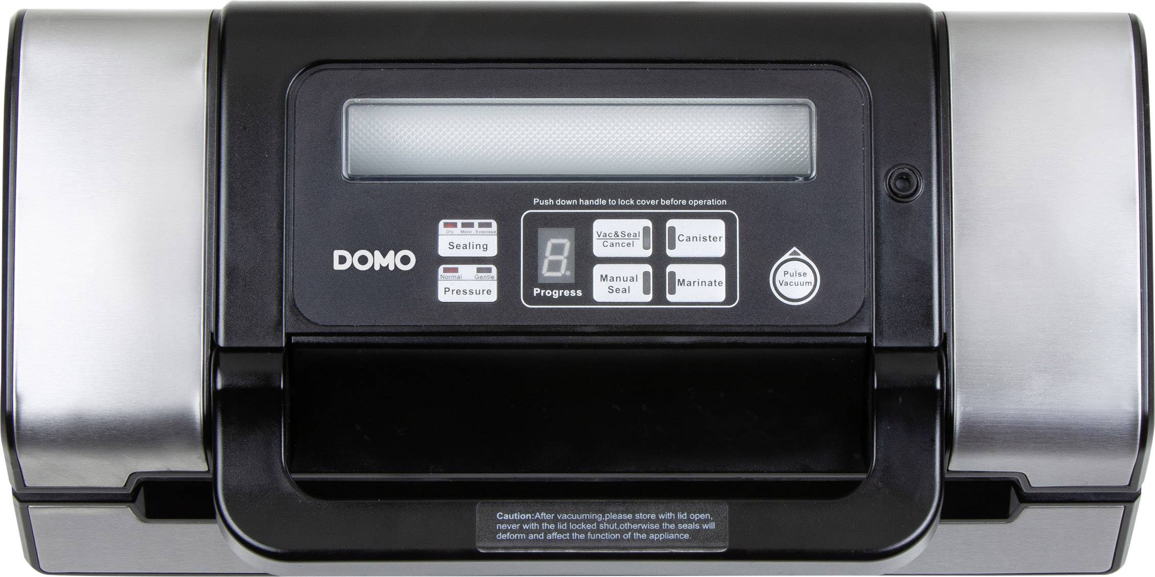 Een zwart elektronisch apparaat met een digitaal display en toetsen voor 'Folielassen', 'Vacuüm & Folielassen' en 'Stop'.