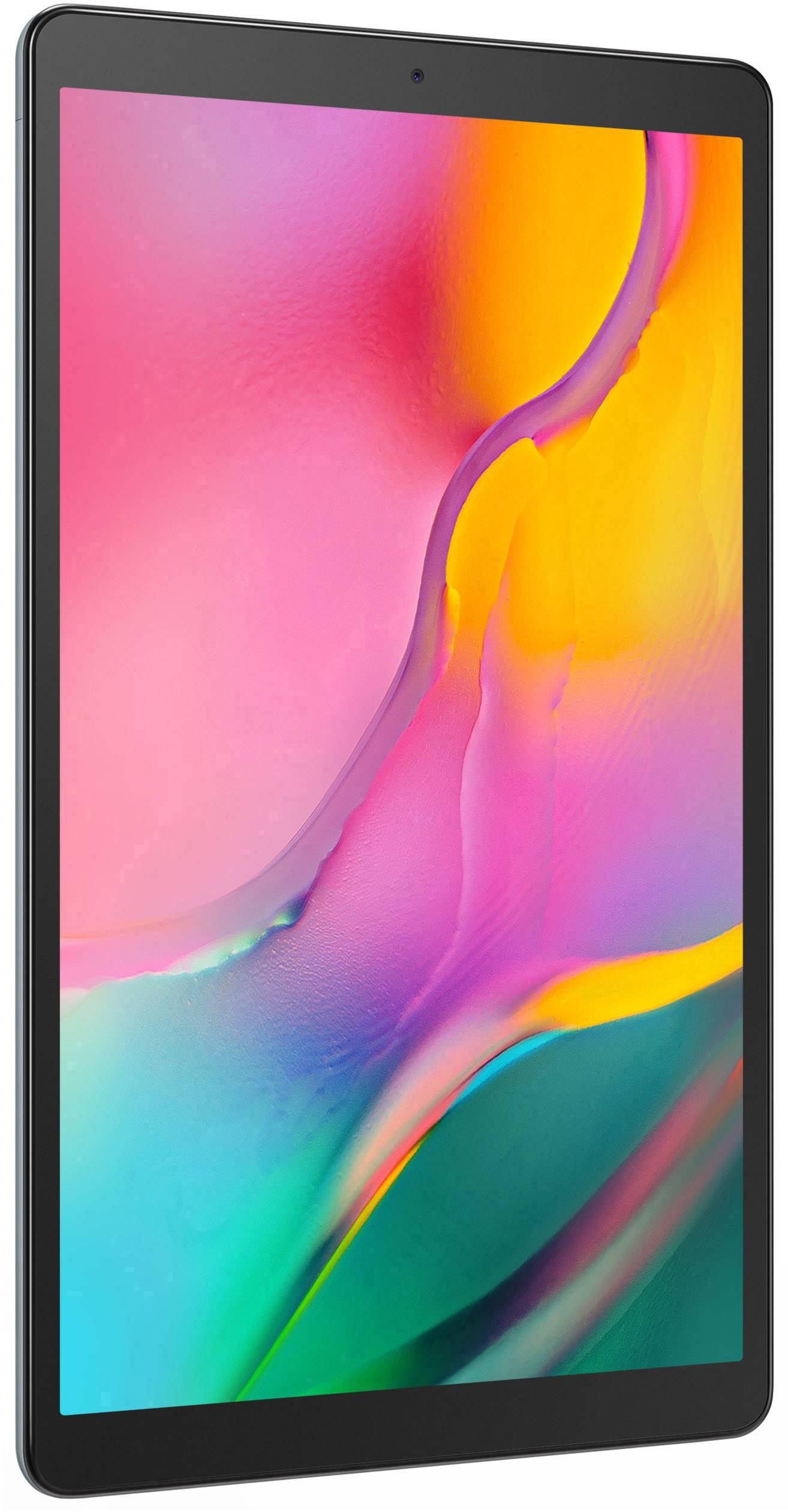 Tablet met een kleurrijk scherm dat abstracte kleuren in roze, geel en blauw weergeeft.