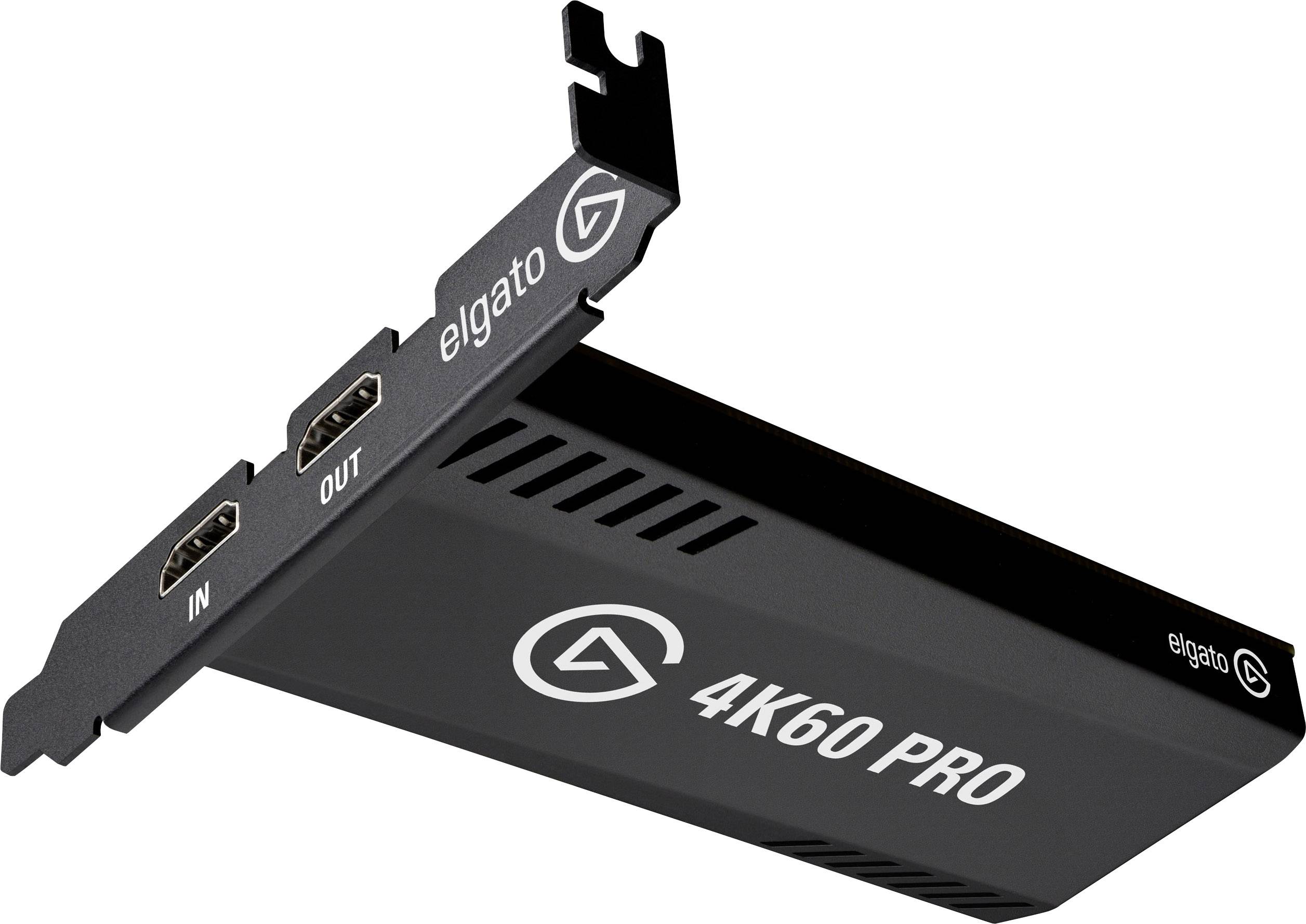 Zwarte Elgato 4K60 Pro Capture Card met HDMI-ingangen en -uitgangen, geschikt voor 4K-video-opnames bij 60 fps.