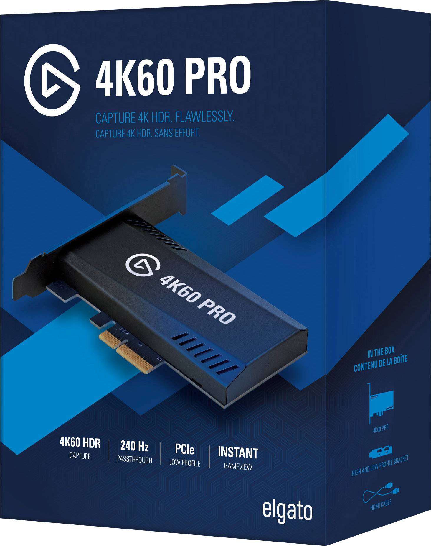 'Elgato 4K60 PRO' verpakking toont een capture-kaart voor 4K HDR bij 240 Hz. Details: PCIe-interface, lage latentie, HD-opname.