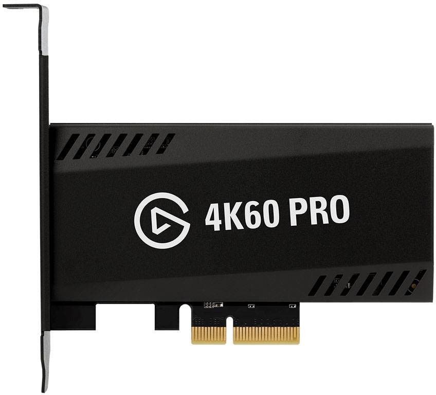 Invoerkaart met opschrift '4K60 PRO', zwart oppervlak, voor high-resolution pc-video-opnames, zijaanzicht.