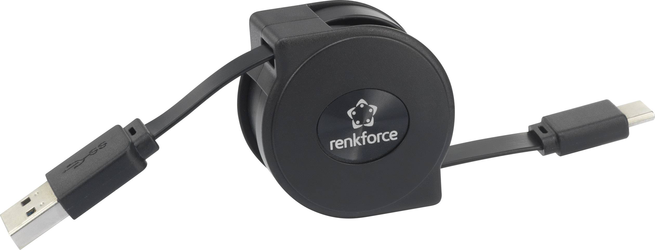 Zwart, intrekbaar USB-kabel met Micro-USB-aansluiting en USB-A-stekker, gemerkt met 'renkforce'.