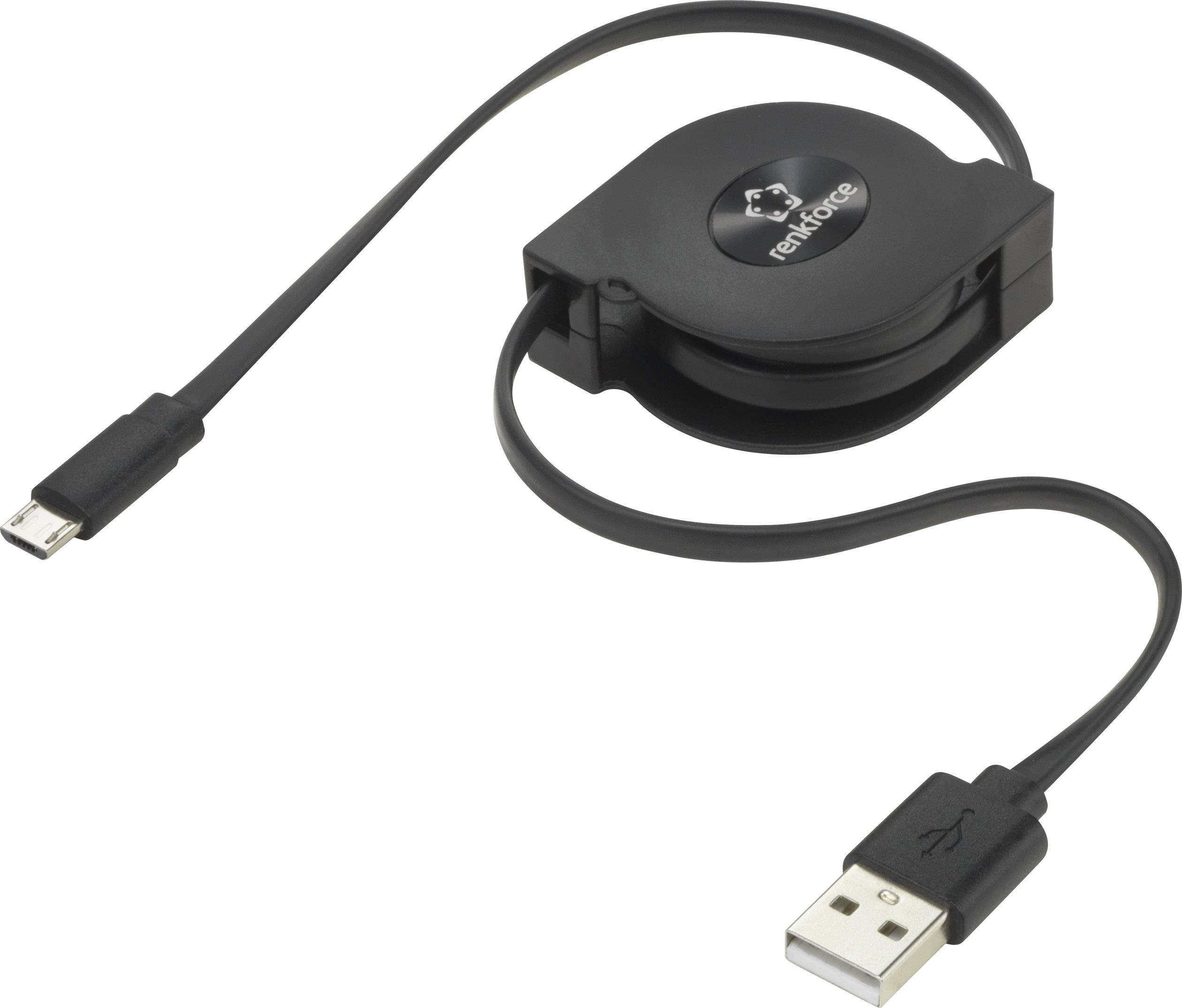 Een zwart, uittrekbaar USB-kabel met micro-USB-aansluiting en een standaard USB-aansluiting aan de andere kant, vervaardigd door Renkforce.