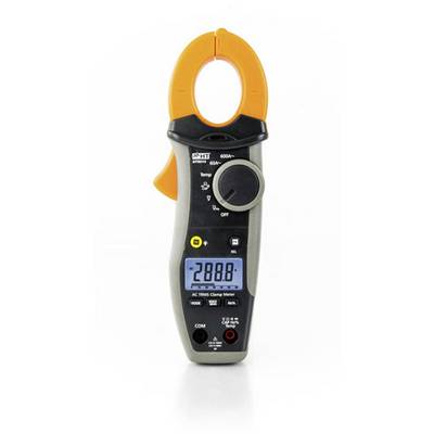 Een digitaal tangampèremeter met oranje tangbekken, een groot display en diverse knoppen voor stroommetingen.