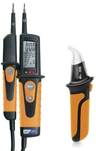 Spanningstesters-set met digitaal display en twee testpennen links, eenhandige spanningsprikker met geïsoleerde handgreep rechts.