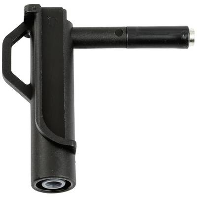Zwart gereedschap met een L-vormige handgreep, vermoedelijk een ventiladapter voor pompen, bedoeld voor aansluiting op andere apparaten.