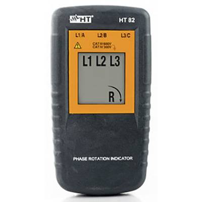 Fasemeter met display-aanduiding 'L1 L2 L3' en richtingspijl voor de fasevolgorde-controle.