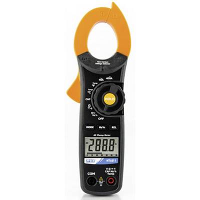 Een digitale multimeter met tangmeetinstrument voor het meten van elektrische stromen. Display toont '288.8'. Knoppen voor het instellen van modi en meetwaarde vasthouden.
