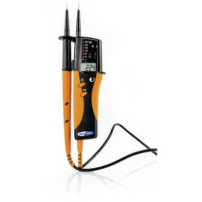 Elektrisch meetapparaat met display toont spanning van 224 volt. Twee meetpennen zijn aanwezig, een rode en een zwarte. Apparaat is zwart-oranje.