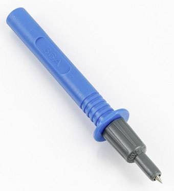 Een blauwe tastkop voor elektrische meetapparatuur met een punt voor spanningsmetingen. Geschikt voor nauwkeurige elektrische tests.