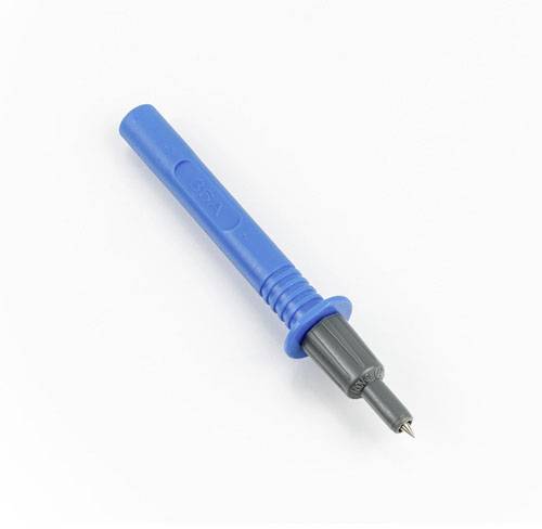 Een blauwe multimeter-meetsonde met kunststof handgreep en metalen punt, gebruikt voor het testen van elektrische verbindingen.