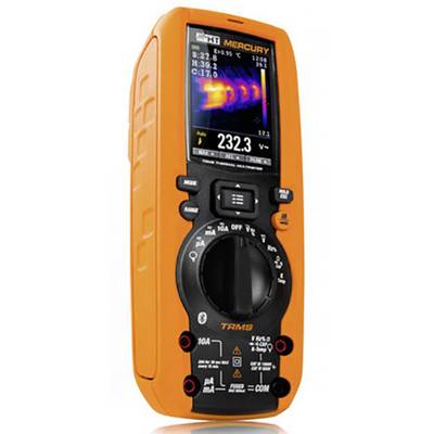 Oranje multimeter met display dat thermografie en spanningswaarde '232,3 V' weergeeft. Belangrijkste functies en bedieningselementen zijn zichtbaar.