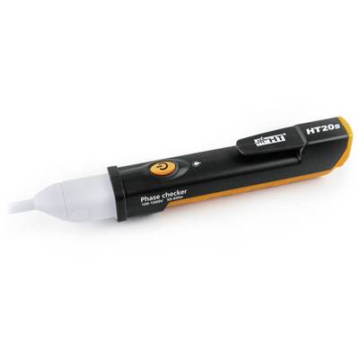 De afbeelding toont een contactloze spanningzoeker met de opdruk 'Phase checker HT20s', die wordt gebruikt voor het detecteren van elektrische stroom.