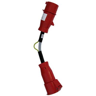 Een rood adapterkabel met twee verschillende aansluitingen voor industriële toepassingen, verbonden door een kort stuk kabel.