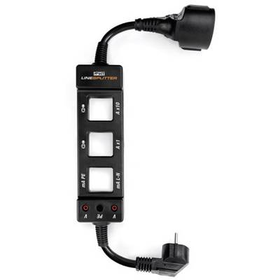 Een zwarte stroomcircuit-tester met twee kabels, één voor de ingang en één voor de uitgang, toont metingen van A/V en A/W op drie displayvelden.