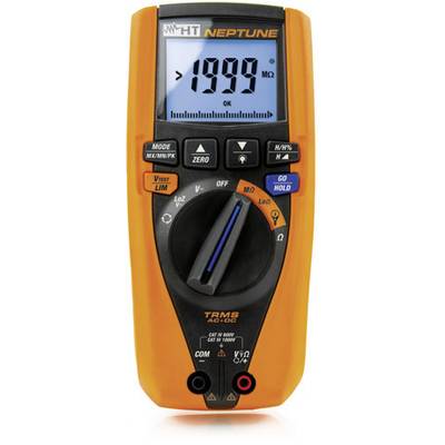 Een digitaal multimeter met een oranje behuizing. Het scherm toont '1999 MΩ'. Het apparaat beschikt over verschillende toetsen en draaischakelaars voor het meten van elektrische waarden.