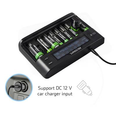 Oplader met display toont de laadstatus van acht accu's. Aanduiding voor ondersteuning van 12V auto-opladen linksonder.