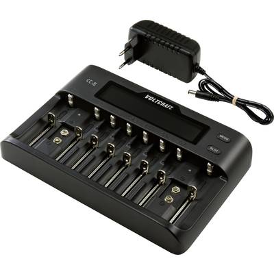 'Zwart-grijs batterijlader met acht AA-sleuven en LED-indicatie, inclusief netsnoer, voor het gelijktijdig laden van meerdere batterijen.'
