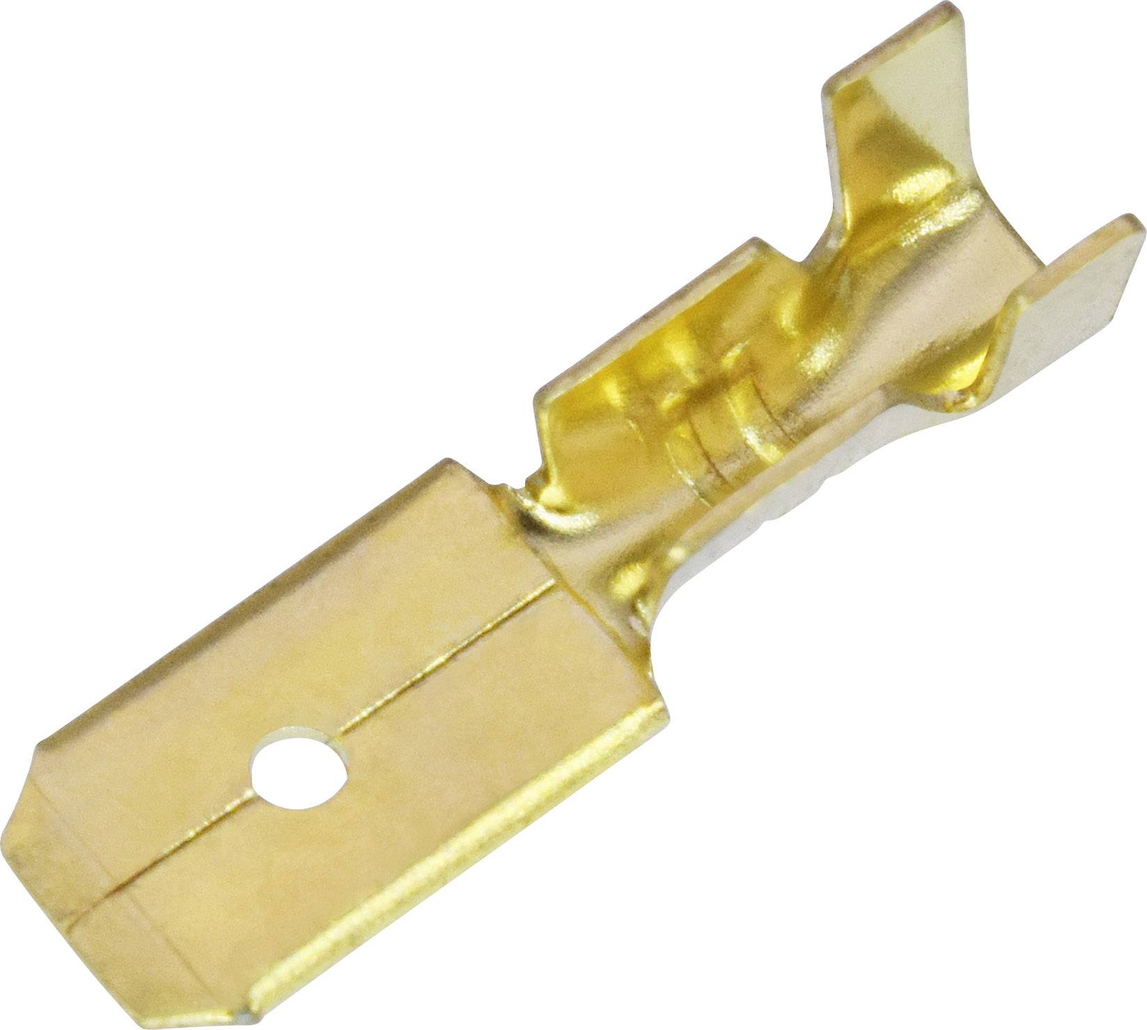 Een goudkleurige, metalen elektrische stekker met een gat, gebruikt voor het verbinden van kabels in elektrische apparaten.