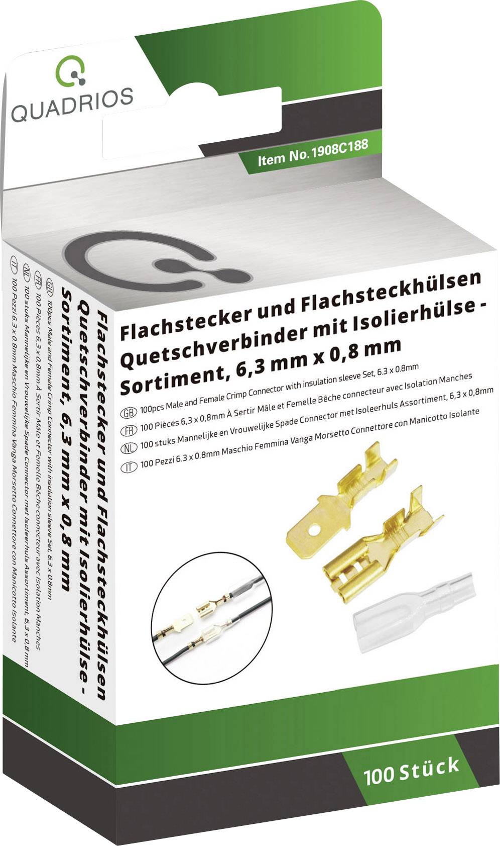 Platte stekkers en platte stekerhoezen krimpsverbinders met isolatiehuls - assortiment, 6,3 mm x 0,8 mm, 100 stuks in wit-groene verpakking.