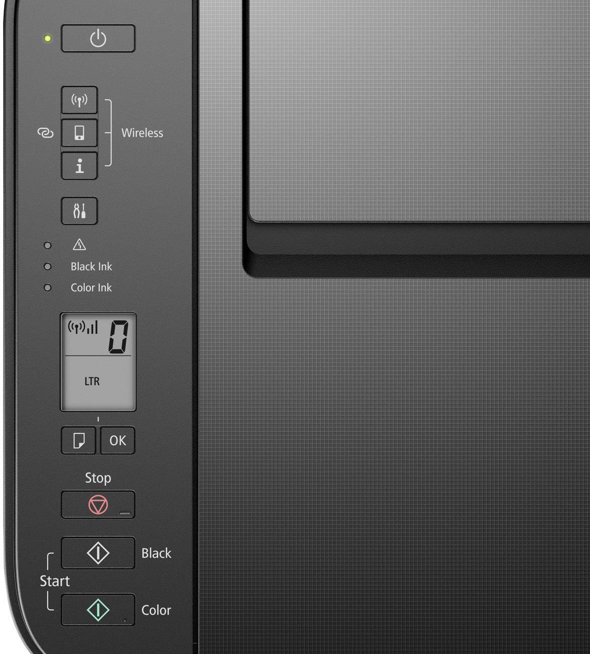 Een close-up van een printerbedieningspaneel met knoppen voor Aan/Uit, WiFi, Kopiëren en Afdrukken in zwart-wit of kleur. Een LCD-scherm toont de status.