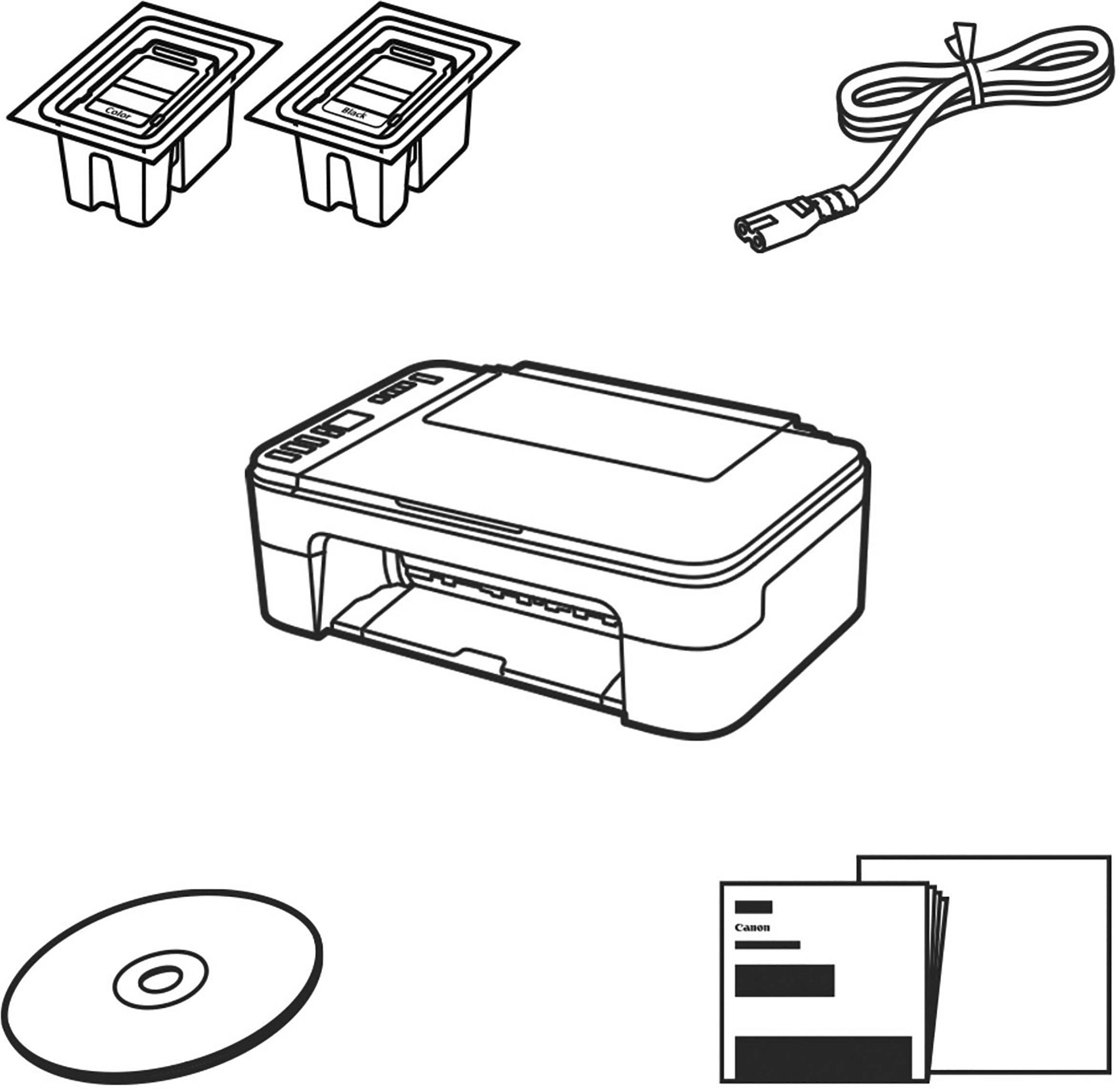 'Printer-set met twee inktpatronen, netvoedingskabel, cd en gebruiksaanwijzing.'