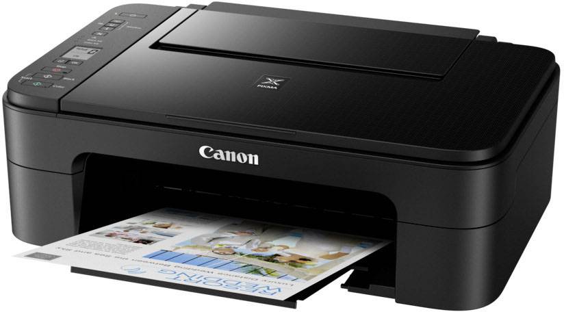 Een zwarte Canon-printer die een gekleurd document met afbeeldingen en tekst afdrukt. De printer heeft een compact ontwerp.