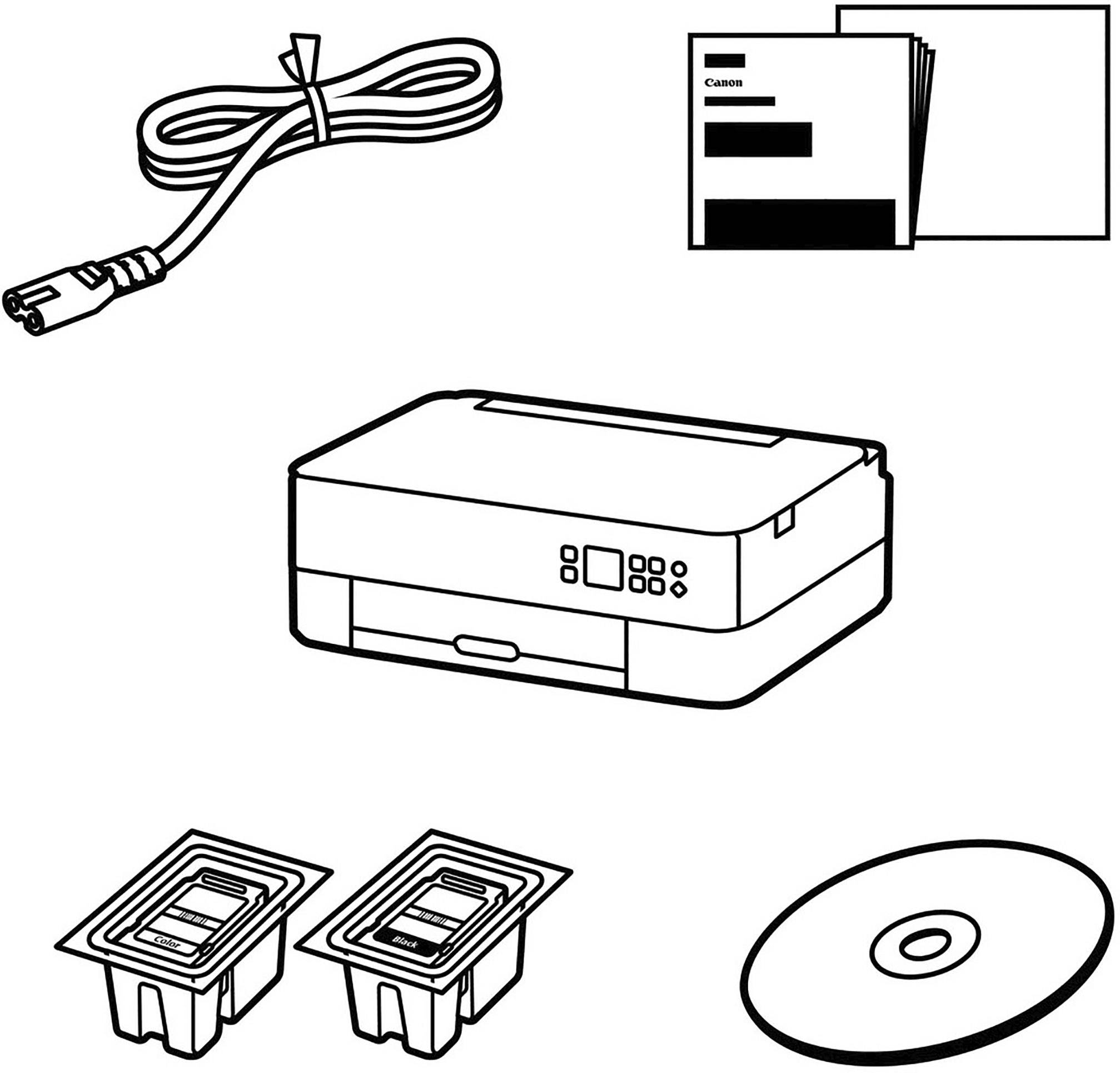 Drukker-installatieset met printer, stroomkabel, stapel papier, twee inktpatronen en installatie-cd.