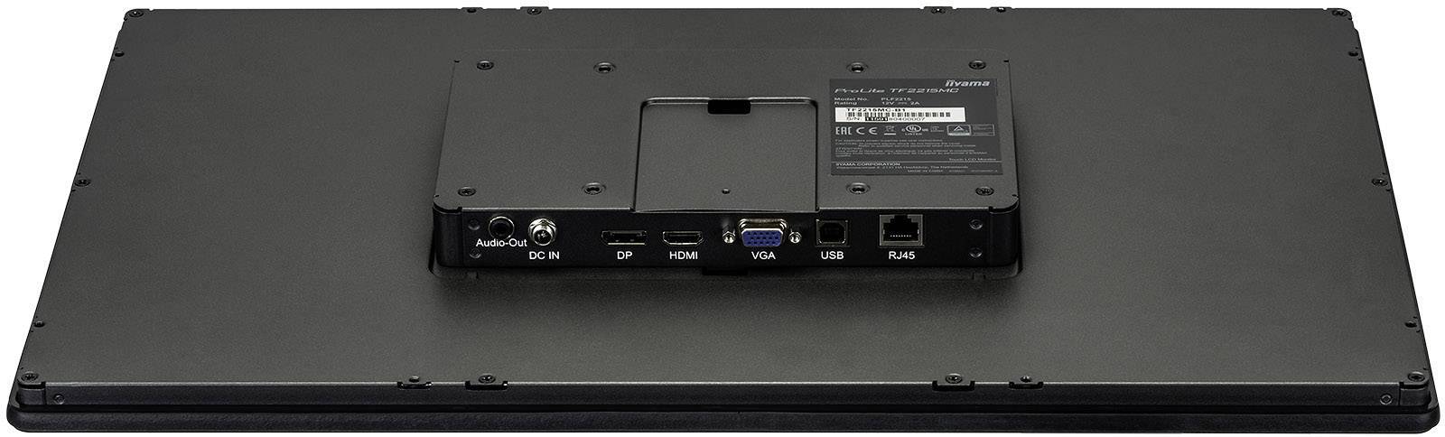 Achterkant van een monitor met verschillende aansluitingen: Audio, DC In, HDMI, VGA, USB, RJ45.