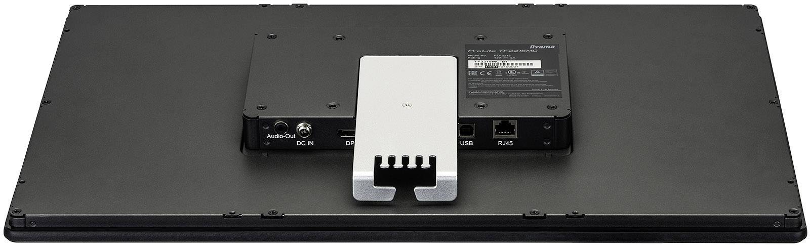 Achterzijde van een zwarte monitor met een zilveren standaard. Aansluitingen voor stroom, USB en bekabelde verbindingen zijn zichtbaar.