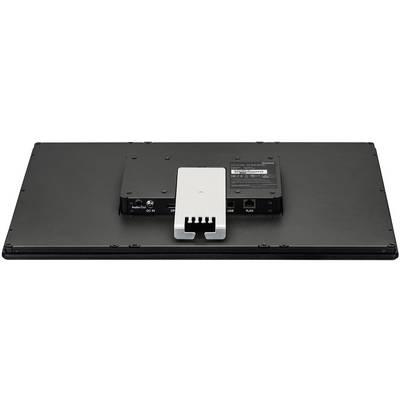 Achterzijde van een zwarte monitor met een zilveren standaard. Aansluitingen voor stroom, USB en bekabelde verbindingen zijn zichtbaar.