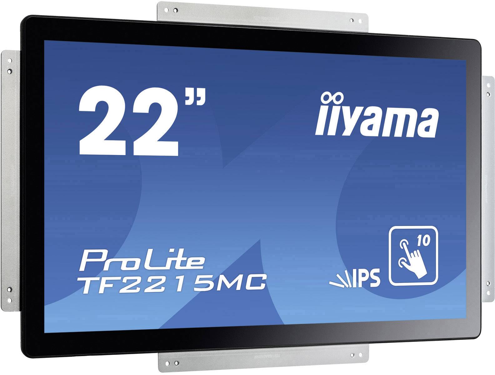 Een scherm toont het model 'ProLite TF2215MC', een 22-inch touchscreen van Iiyama met IPS-technologie.