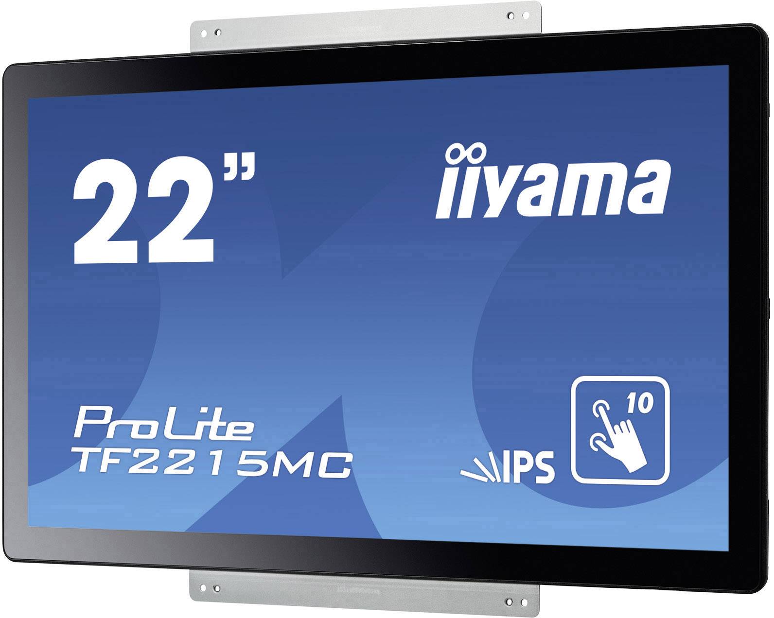 Een 22-inch monitor met het opschrift 'iiyama ProLite TF2215MC', toont een IPS-logo en een symbool voor 10-punts touch-functionaliteit.