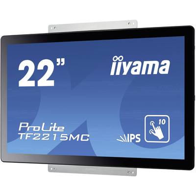 Een 22-inch monitor met het opschrift 'iiyama ProLite TF2215MC', toont een IPS-logo en een symbool voor 10-punts touch-functionaliteit.