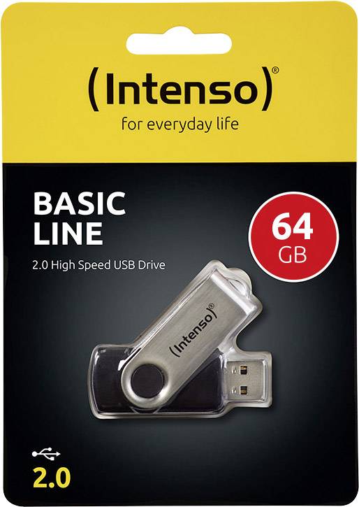 'Intenso Basic Line 64 GB' USB-stick in verpakking, 2.0 High Speed, zilver-zwart.