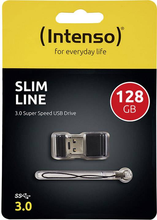 'Intenso Slim Line 3.0 USB-stick, 128 GB' op zwarte achtergrond met USB-stick-afbeelding.