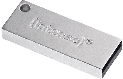 Een zilveren USB-stick met het opschrift 'Intenso'.