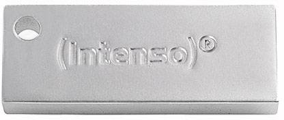 Zilveren USB-stick met de tekst '(Intenso)'.