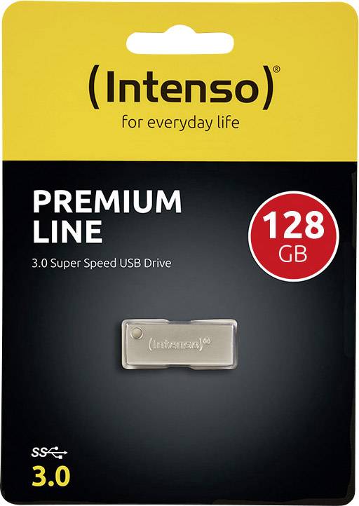 'Intenso USB-stick, Premium Line, 128 GB, 3.0 Super Speed'. Verpakking met geel en zwart design, USB-stick afgebeeld.