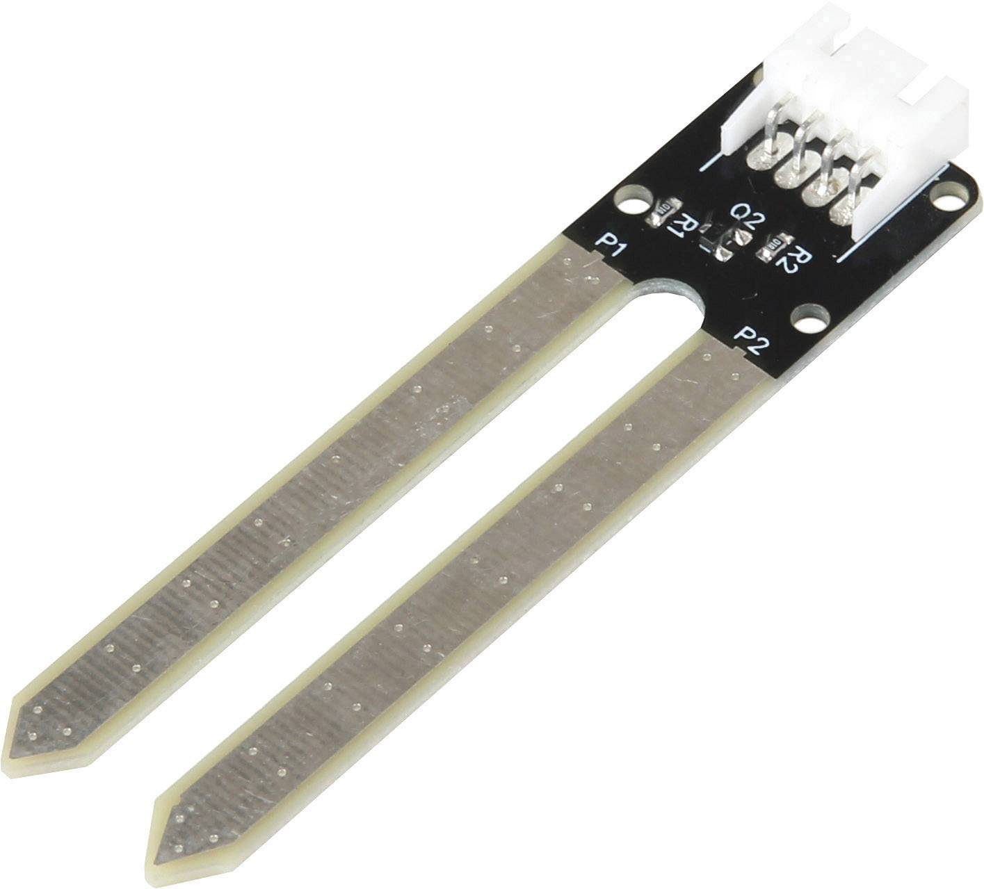 Een vochtigheidssensor met twee metalen sondes en een witte stekker op een zwarte drager, bedoeld voor het meten van de bodemvochtigheid.
