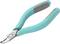 Zijkniptang met turquoise handgrepen en grijze bekbekledingen, geschikt voor het knippen van draden of fijne materialen.