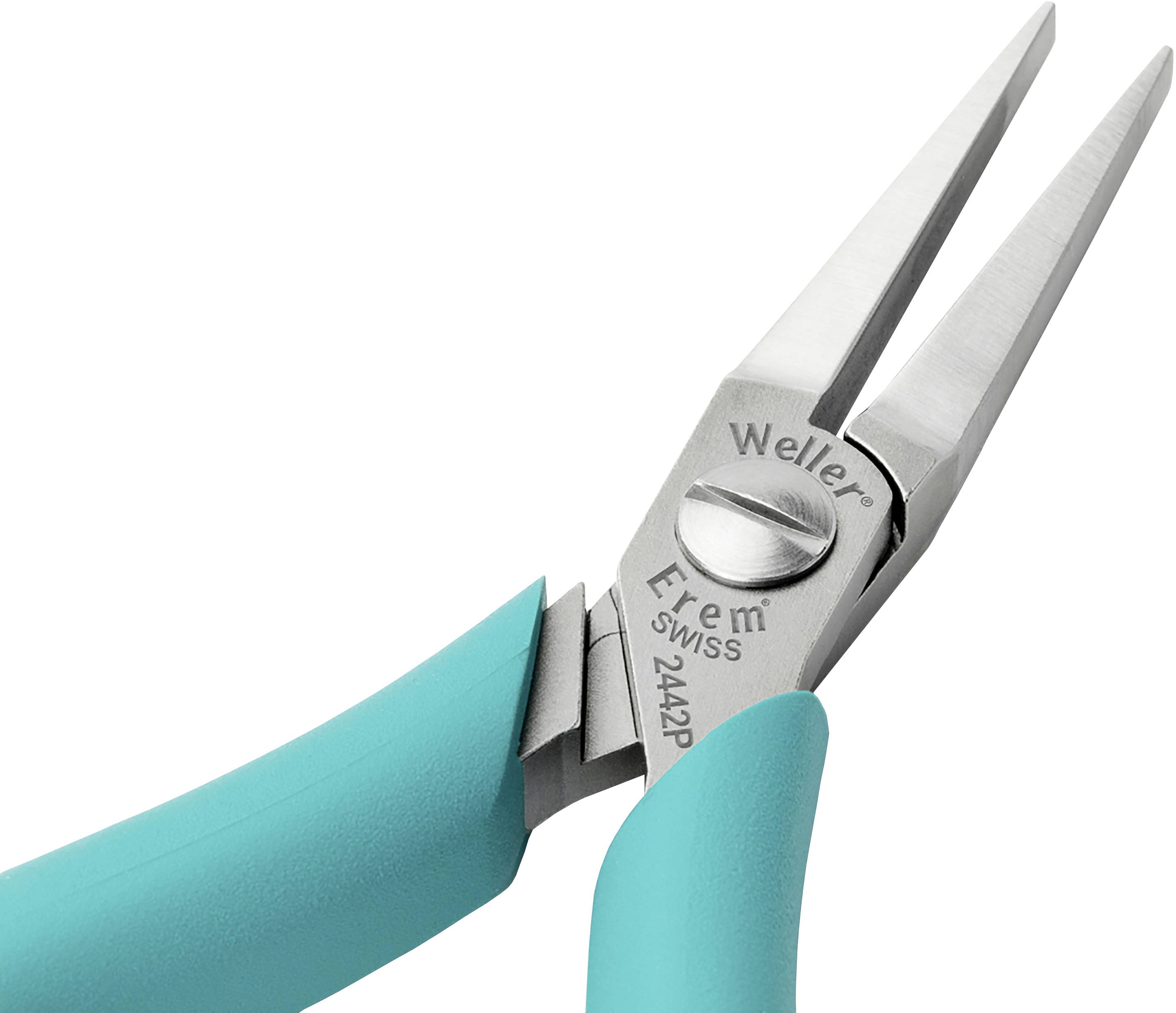 Een tang met turquoise handgrepen en smalle punten, geschikt voor precisiewerkzaamheden.
