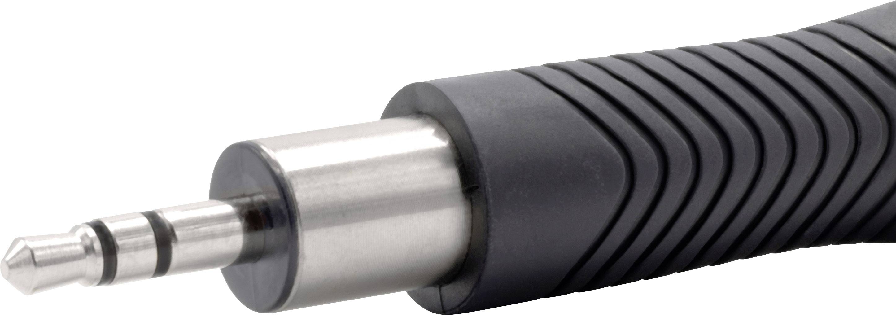 Close-up van een 3,5 mm audiokabel met zilveren stekker en zwarte, gegroefde huls.