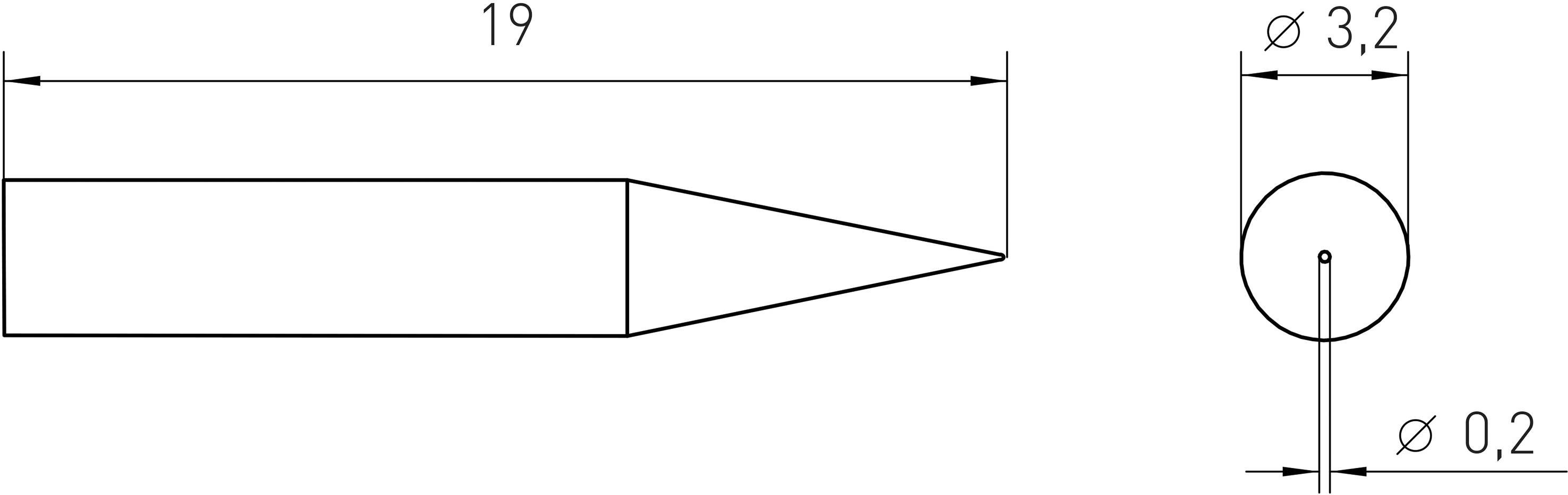 Technische tekening van een langwerpig object met punt, afmetingen: lengte 19, diameter van de punt 3,2, boring 0,2.