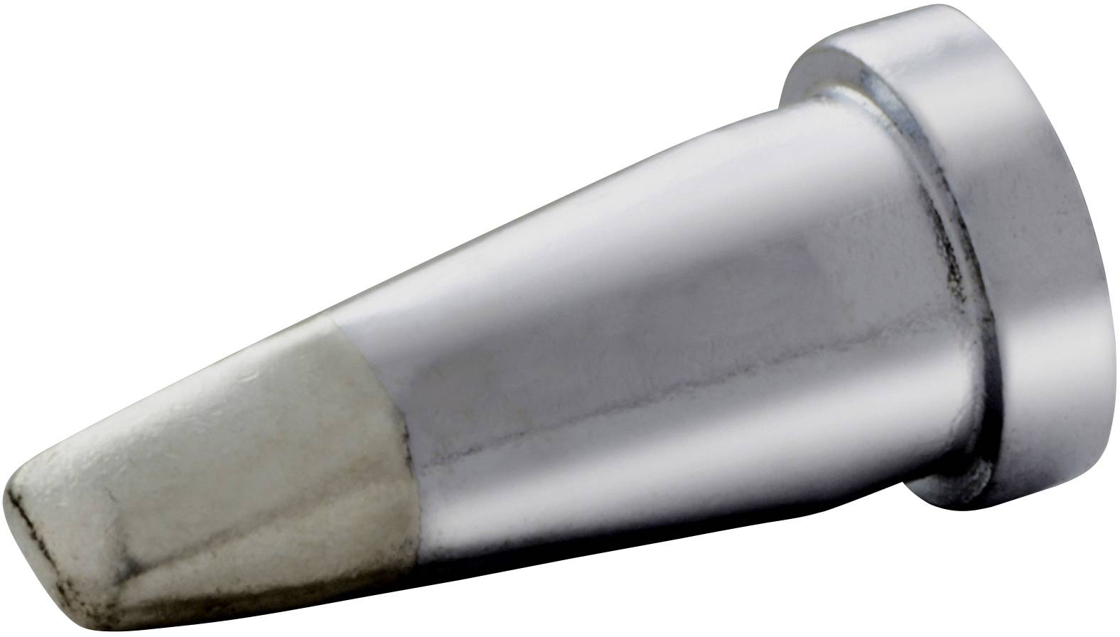 Metalen punt in kegelvorm, gedeeltelijk zilverachtig glanzend en aan de voorkant afgerond.