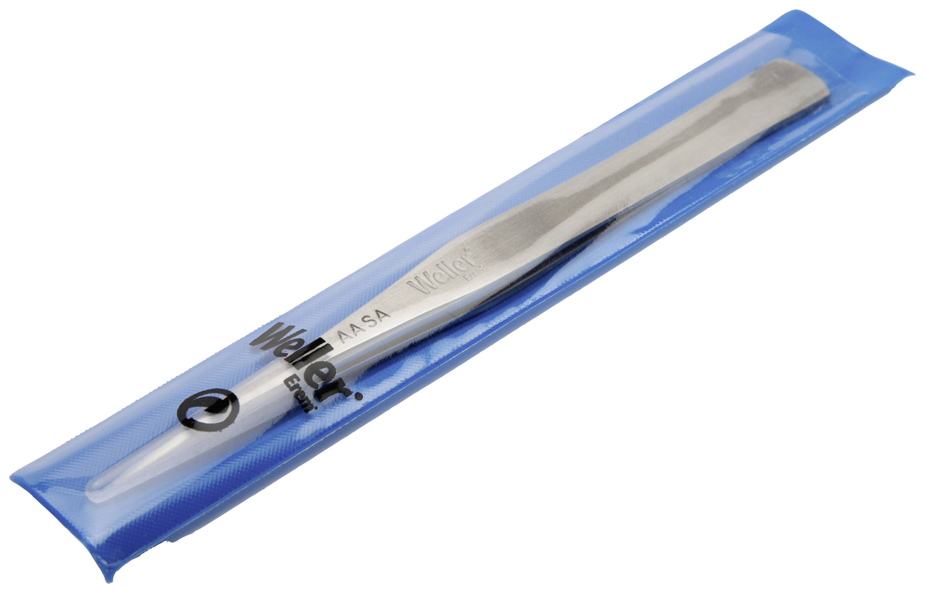Een Weller-pincet, verpakt in een blauwe plastic huls, waarop 'Nickel' en een onderdeelnummer te zien zijn.