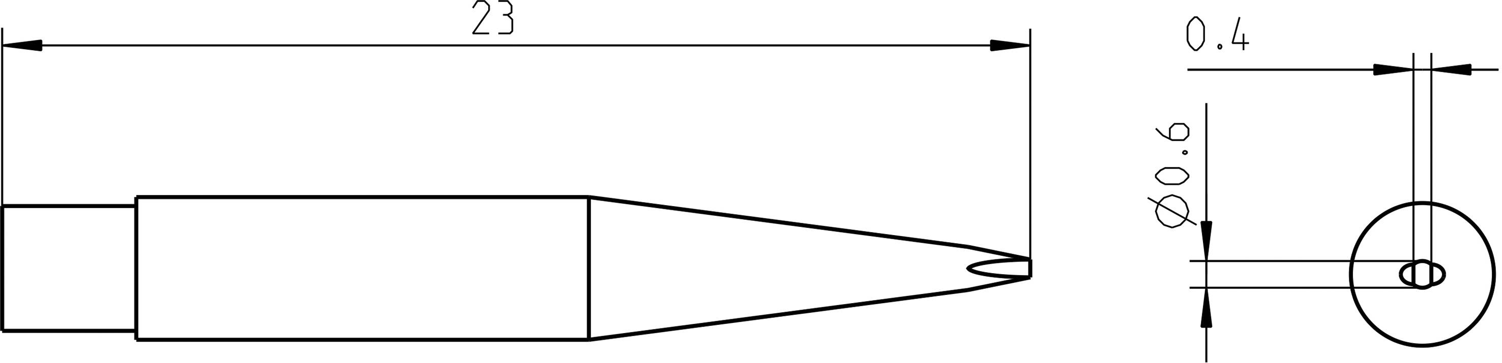 Technische tekening van een punt. Lengte: 23 mm; Diameter: 0,4 mm aan de punt en 0,6 mm aan de schacht.