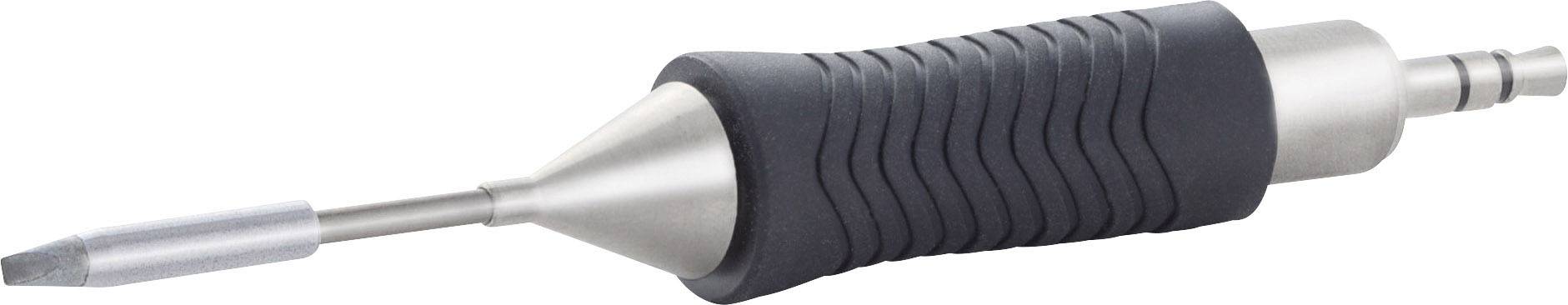 Een zilverkleurig tandheelkundig instrument met een zwarte handgreep, taps toelopend, ontworpen voor precisie-ingrepen in de tandheelkunde.