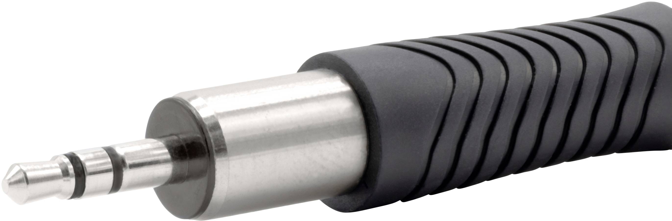Zwart-zilveren 3,5-mm-jackplug met reliëfgroeven, gebruikt voor audio-aansluitingen in hoofdtelefoons en luidsprekers.