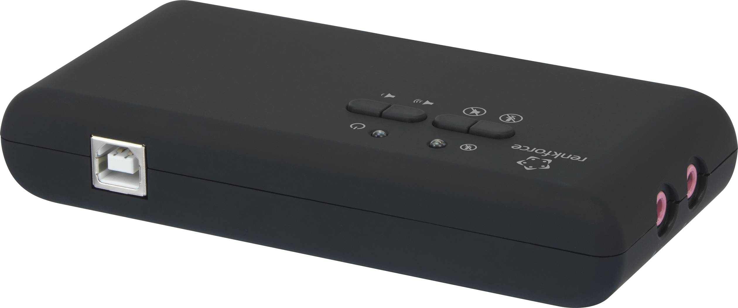 Zwart elektronisch apparaat met bedieningsknoppen en aansluitingen, vermoedelijk een audio-versterker, op grijze achtergrond.